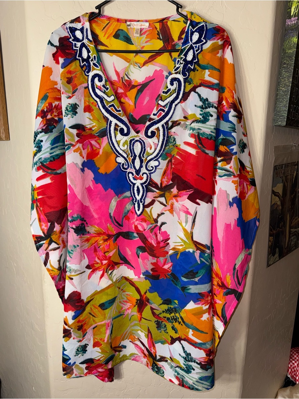 Rise & Bloom Floral Beaded Embellished Tunic Dress Long Sleeve Boho Size L